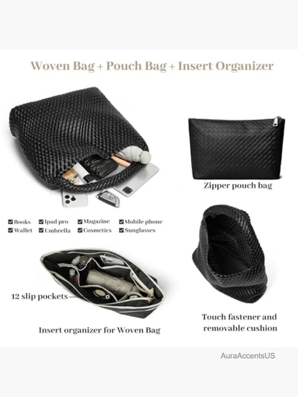 Large Capacity Woven Hobo Tote Bag with Pouch & Organizer